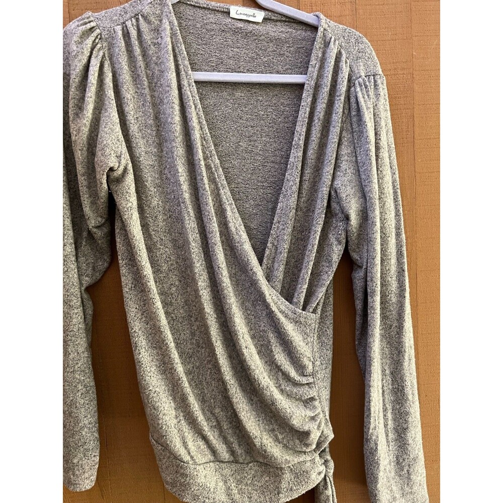 womens long sleeve top medium brown tie sash v-neck Loveappella soft black shirt